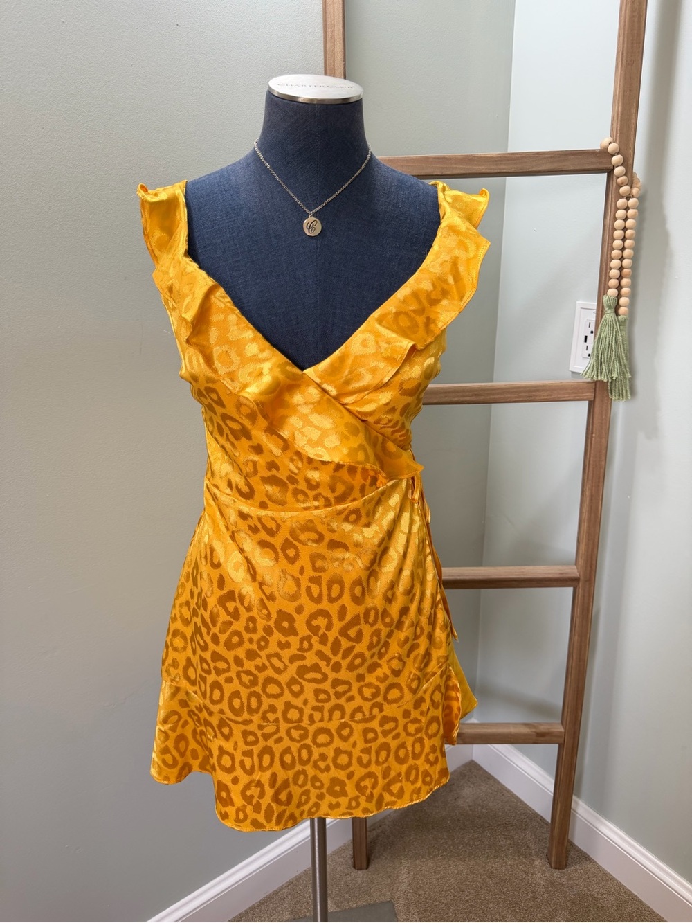 Lulus Yellow Satin Jacquard Leopard Print Wrap Mini Dress Size XS
